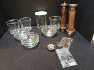 lot 1314 image: Glassware cups  and bowls with Salt Pepper Shakers and Tea Infuser