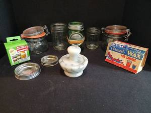 lot 1323 image: Canning Supplies Lot Ball Jars, Lids, labels, Paraseal Wax, Marble mortar