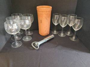 lot 1344 image: Wine Cooler Terracotta Cylinder with 9 Stemmed Glasses and aerator