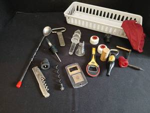 lot 1347 image: Lot of 20 Bartending Tools and Accessories with Storage Basket