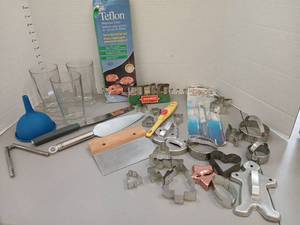 lot 1362 image: Baking Tool and Accessory Lot Cookie Cutters Teflon Liner Glasses Spatula