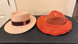 lot 1490 image: Two Hats Straw Fedora and Orange Ribbed Sun Hat