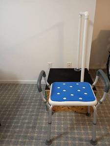 lot 2023 image: Homemade Step for Exercising with Shower Chair.  Chair has extra pieces, see pictures.   Stand is 44 x 23 x 24.  Located in basement