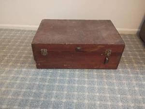 lot 2027 image: Wood Storage Trunk with Interior Dividers and Metal Hardware.  Located in basement