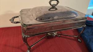 lot 2036 image: Pyrex Rectangular Casserole Dish with Ornate Metal Server Stand and Lid