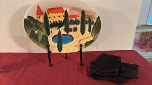 lot 2041 image: Decorative Plate with Tuscan Villa Scene and Display Stand