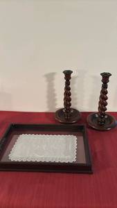 lot 2043 image: Decorative Table Set with Twisted Candlesticks, Tray and Embroidered Textile