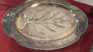 lot 2046 image: Silver-Tone Serving Lot Oval Meat Tray, Oval Tray with Grape Border, Footed Pitcher