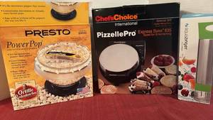 lot 2133 image: Presto PowerPop Microwave Popper Stock 04830 and Chefs Choice PizzellePro Express Bake 835