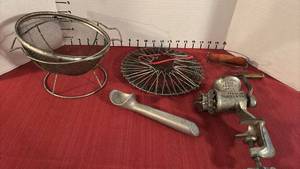 lot 2137 image: Vintage Kitchen Utensils Lot 5 Pieces Strainer Whisk Chopper Grater Spoon