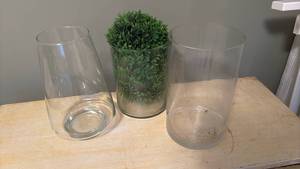 lot 2149 image: Set of 3 Glass 10 inch  Cylinders with Faux Plant Decor