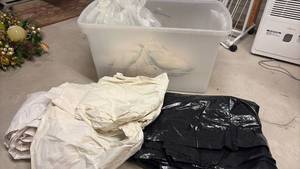 lot 2330 image: Plastic and Cloth Drop Cloths for Painting, and Tote with Lid