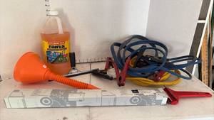 lot 3004 image: Windshield Wipers, Jumper Cables, Funnel, Ice Scraper, and More