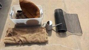 lot 3031 image: Peat Moss, Tub, Burlap, Plastic Watering Can, Temporary Fencing, and More