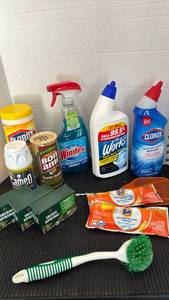 lot 3122 image: Cleaning Supplies Lot Clorox Bleach, Works Toilet Bowl Cleaner, Windex, Tide, Boral, Irish Spring