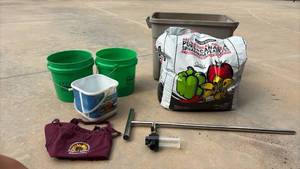 lot 3201 image: Peat Moss, Tree and Shrub Transplanter, Soil, Buckets, Root Watering Tool, Apron, and Tub