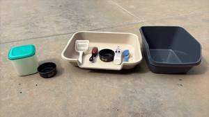 lot 3202 image: Cat Litter Boxes, Scoop, Bowls, Brushes, and More