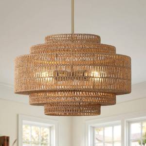 lot 10057 image: 19.68-Inch 4-Light Rattan Chandelier, Hand-Woven Boho Wicker Pendant Light