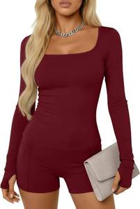 lot 10145 image: Oakgarden Womens Yoga Set Square Neck Tops &amp High-Waist Shorts with Pockets - L