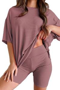 lot 10191 image: Womens 2-Piece Lounge Set Casual Short Sleeve Tee & Biker Shorts XL