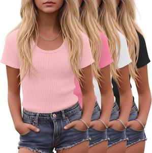 lot 10228 image: 4 Pack Girls Short Sleeve Ribbed Knit T-Shirts Slim Fit, Scoop Neck, 5-14