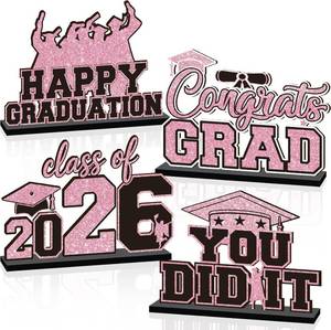 lot 10249 image: 4Pcs Pink Graduation Decorations 2026 Wooden Table Centerpieces