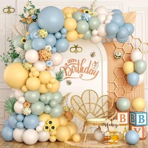 lot 10253 image: 120 Pcs Balloon Arch Kit Sage Green, Dusty Blue, Yellow & White Balloons