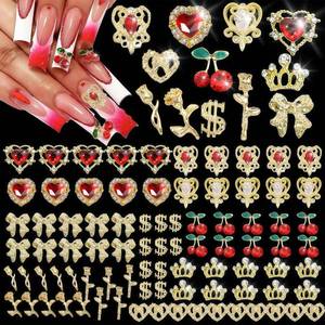 lot 10329 image: 85 Pcs 3D Gold Nail Charms Nail Art Decor Set with Heart, Cherry, Rose Gems
