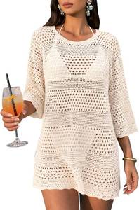 lot 10335 image: Womens Crochet Knit Cover Up Dress, Sheer Hollow-Out Beach Mini, Loose Fit XL