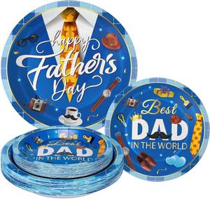 lot 10369 image: 24 Pcs Happy Fathers Day Plates Set - Blue Disposable Round Plates  4Pack 