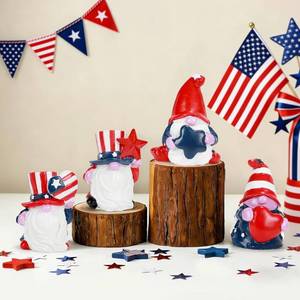 lot 10422 image: Patriotic Gnome Figurines, 4 Pcs Resin Gnomes, Red White & Blue Holiday Decor