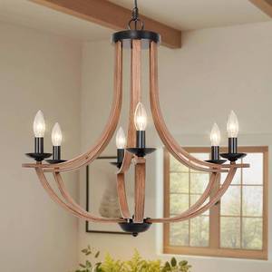 lot 9152 image: $100 Farmhouse Chandelier, Rustic Wood Pendant Light Dimmable Chain