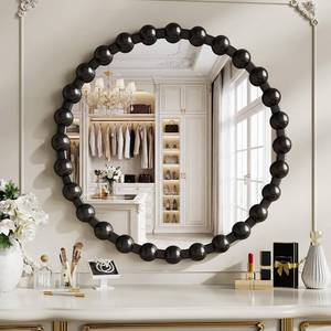 lot 9158 image: $80 Round Vanity Mirror with Beaded Frame, 24in Circle Mirror, Black