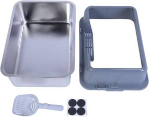 lot 9174 image: $113 Stainless Steel Cat Litter Box, High-Sided Tray for Large Cats