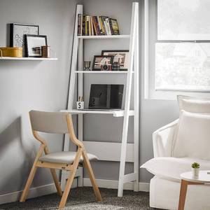 lot 9180 image: $110 Haotian Ladder Desk with Shelves, black and natural wood color Freesta