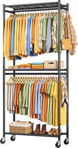 lot 9198 image: $50 Sakugi Clothes Rack - 79.5 in H, Shelves & Wheels, Wardrobe(Black)