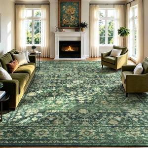 lot 9215 image: $140 Lessymo 9x12 Green Area Rug - Non-Slip, Washable, Low-Pile