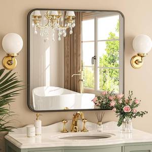 lot 9233 image: $65 18x18 Black Square Mirror for Over Sink, Metal Frame, Shatterproof