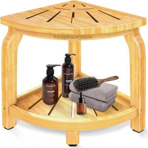 lot 9366 image: KingPavonini Bamboo Corner Shower Stool, Waterproof Bath Bench