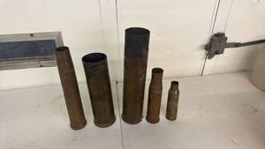 lot 20 image: 5 Assorted Metal Ammunition Cartridge Casings Lot