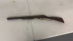 lot 26 image: Lever Action Toy Rifle with Brass Receiver and Star Inlay