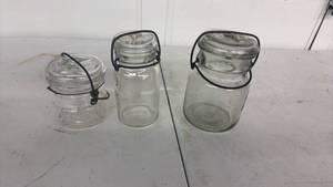 lot 55 image: 3 Glass Canning Jars with Wire Bail Lids and Glass Lids&nbsp