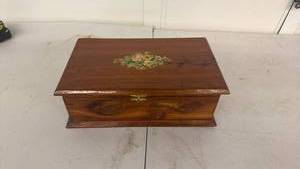 lot 58 image: Hinged Wooden Box with Floral Decal and Brass-Tone Hinge&nbsp