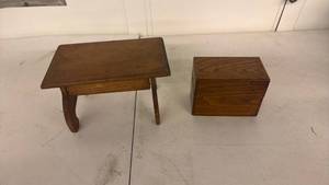 lot 66 image: Wood Card File Box with Alphabetical Dividers and Small Wood Stool 2-Piece Lot
