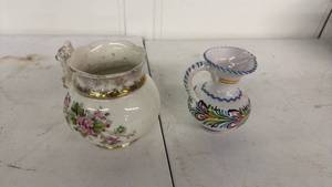 lot 68 image: 2 Ceramic Pitchers with Floral and Decorative Hand-Painted Design