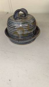 lot 72 image: Peaceful Prairie Pottery Lidded Butter Dish Blue Glaze