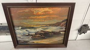 lot 76 image: Framed Oil Style Painting Coastal Sunset Seascape with Rocky Beach
