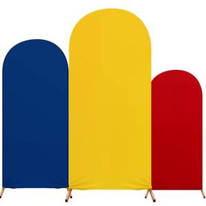 lot 239 image: Tingjoo Carnival Theme Birthday Set of 3 Theme Print Arch Cover, Spandex Fitted Wedding Arch Stand Covers Red Yellow Blue for Birthday Party Decoration 4ft, 5ft, 6ft - Retail $41