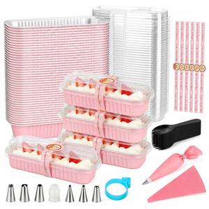 lot 240 image: YQER 100 Pack Pink Mini Cake Pans with Lids and Spoons, 6.8oz Disposable Aluminum Foil Mini Loaf Pans Cake Tins with Stickers and Reusable Decorating Set for Small Cakes, Baby Shower, Gift and Parties - Retail $23