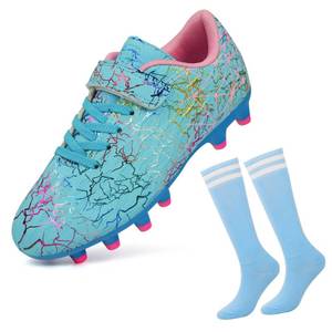 lot 288 image: brooman Kids Firm Ground Soccer Cleats Boys Girls Football Cleats with Soccer Socks (1,Blue) - Retail $36